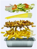 Friet of Rijst,  kalfsdöner, gesmolten kaas, salade, saus naar keuze (standaard met chili en knoflook)